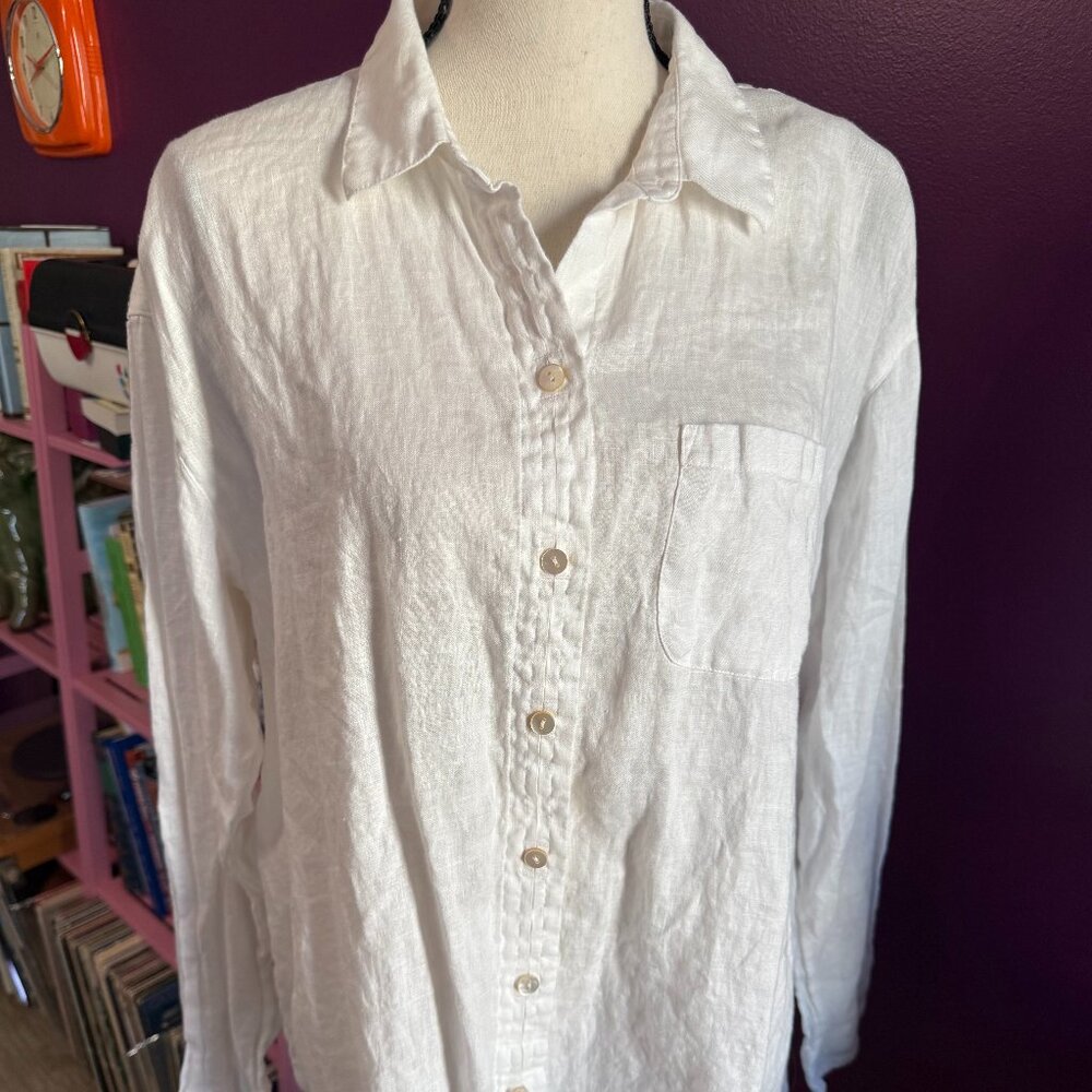 White Oversize J Jill Button-Down Oxford Linen Shirt | Size M